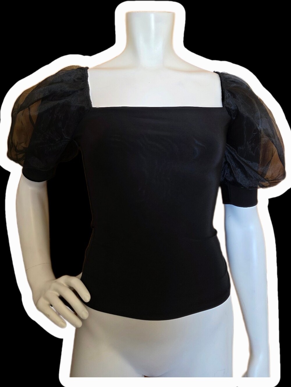 Guess Black Square Neck Puff Sleeve Top